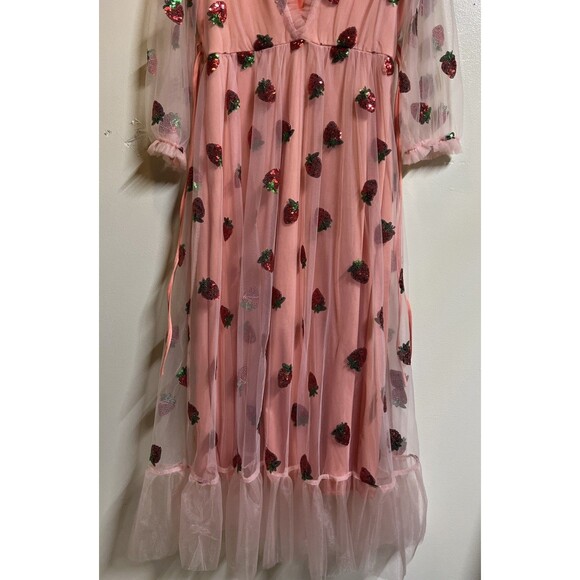 Handmade Regency Era Bridgerton Dress Large Strawberry Sequins Lace Maxi Pink - Picture 3 of 10